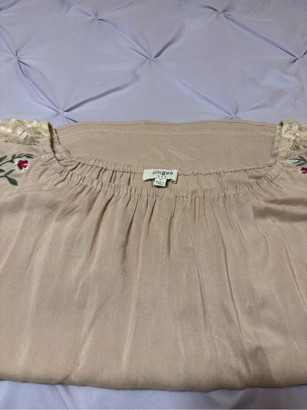 Umgee Beige Embroidered Bell-Sleeve Peasant Top Embroidered Flowers and Lace - Picture 10 of 12